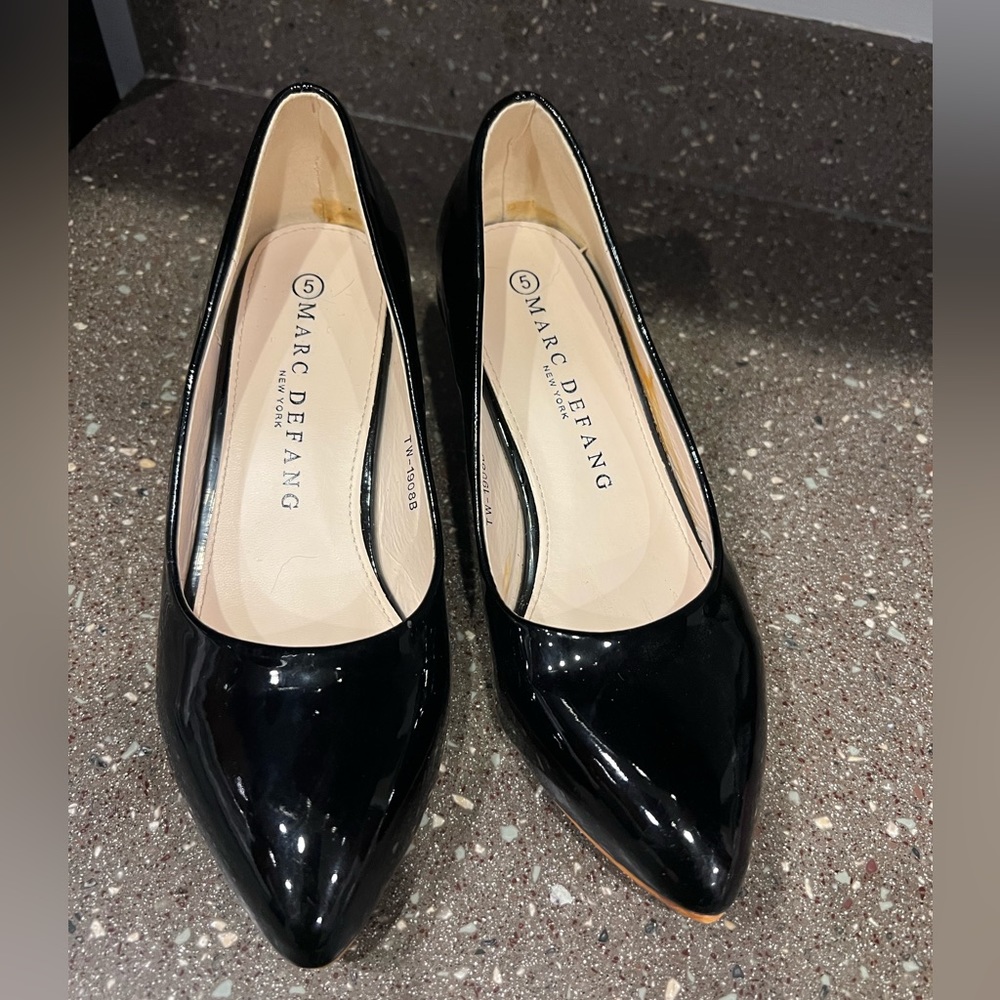 Marc Defang black pattern leather kitten heels